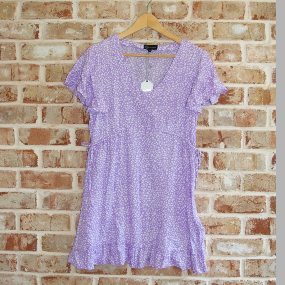 NWT No Boundaries purple floral ruffle sleeve short summer dress, size M